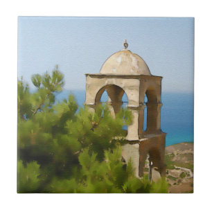Watercolor bell tower ceramic tile