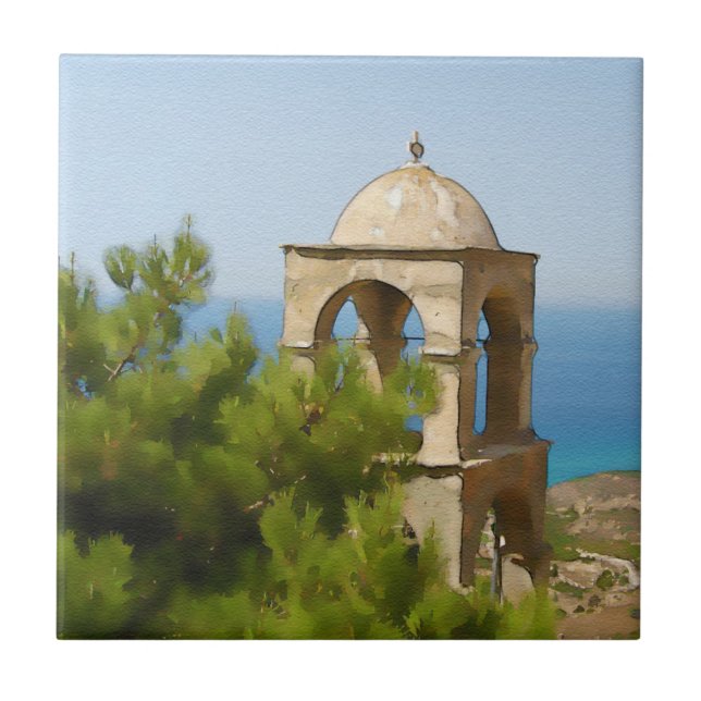 Watercolor bell tower ceramic tile (Front)