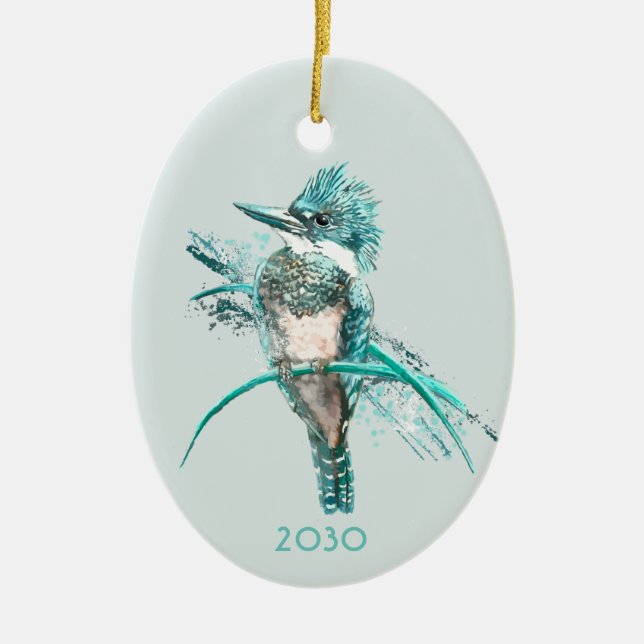 Watercolor  Belted Kingfisher Bird  Animal Ceramic Ornament (Front)