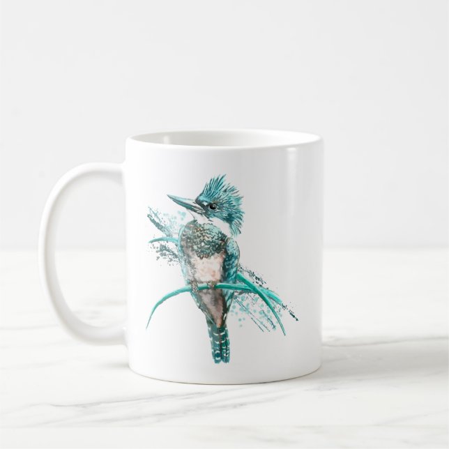 Watercolor  Belted Kingfisher Bird  Animal Coffee Mug (Left)