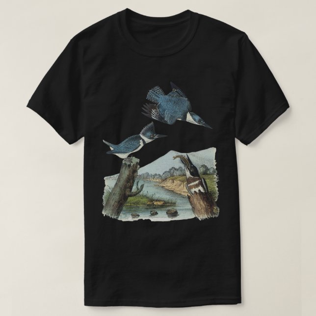 Watercolor Belted Kingfisher Bird Eat Fish Nature  T-Shirt (Design Front)