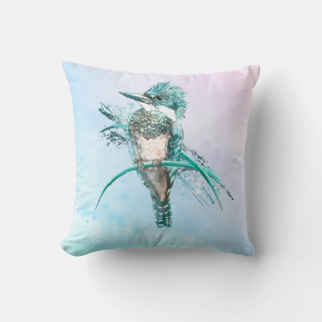 Watercolor Belted Kingfisher Bird Wildlife Art Cushion (Front)