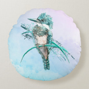 Watercolor Belted Kingfisher Bird Wildlife Art Round Cushion