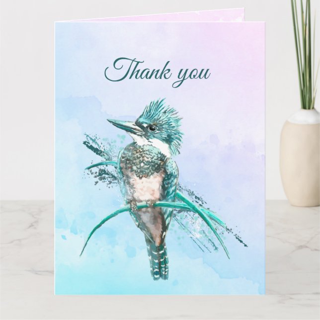 Watercolor Belted Kingfisher Bird Wildlife Art Thank You Card (Front)