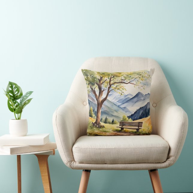 Watercolor Bench and Mountain Scene Cushion (Chair)
