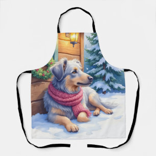 Watercolor Bergamasco Shepherd Cabin Christmas Apron
