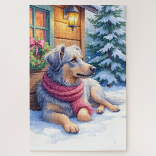 Watercolor Bergamasco Shepherd Cabin Christmas Jigsaw Puzzle
