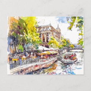 Watercolor Berlin Mitte Spree River Cafe Postcard