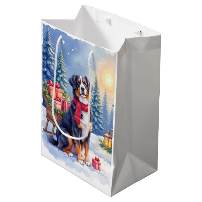 Watercolor Bernese Mountain Dog Sleigh Christmas Medium Gift Bag (Front Angled)
