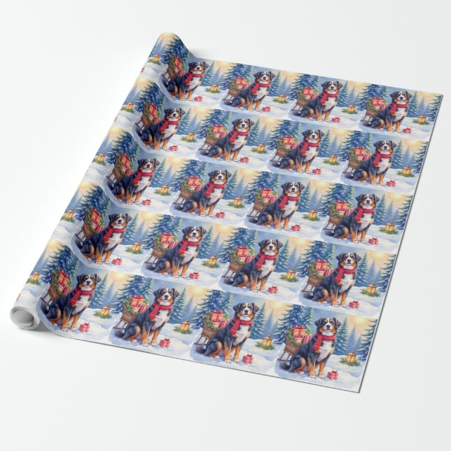 Watercolor Bernese Mountain Dog Sleigh Christmas Wrapping Paper (Unrolled)