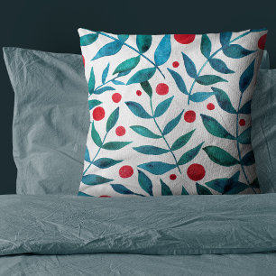 Watercolor berries and branches - teal and red cushion