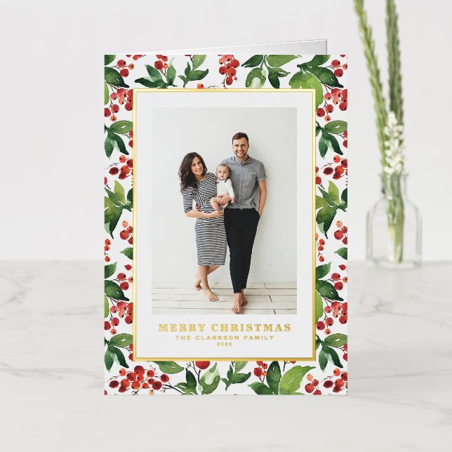 Watercolor Berries and Greenery Photo Christmas Foil Holiday Card (Flower)