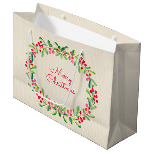 Watercolor Berries and Leaves Holiday Christmas Large Gift Bag