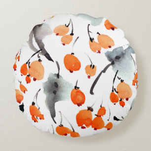 Watercolor berries and leaves illustration pattern round cushion