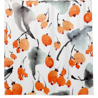 Watercolor berries and leaves illustration pattern shower curtain