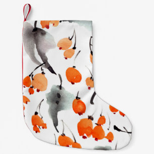 Watercolor berries and leaves illustration pattern small christmas stocking