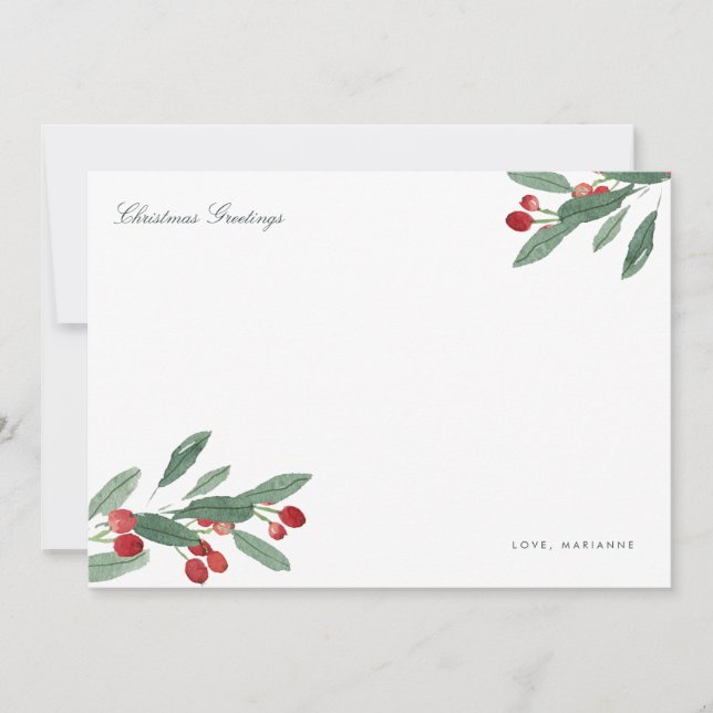 Watercolor Berries and Leaves Personalised Holiday Card (Front)