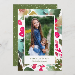 Watercolor Berries Christmas Floral Fuchsia Photo Holiday Card