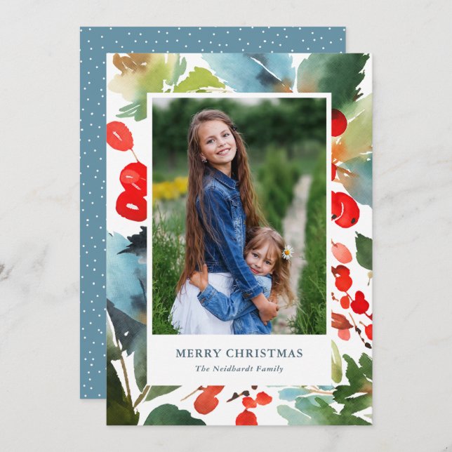 Watercolor Berries Christmas Floral Red Photo Holiday Card (Front/Back)