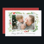 Watercolor Berries Greenery Frame Merry Christmas Holiday Card<br><div class="desc">Send Christmas wishes and greetings with this customisable Christmas flat card. It features watercolor leaves,  hollies and berries with an elegant script. Personalise by adding a landscape photo and texts. The perfect Christmas card for your family and friends. Matching items are available.</div>
