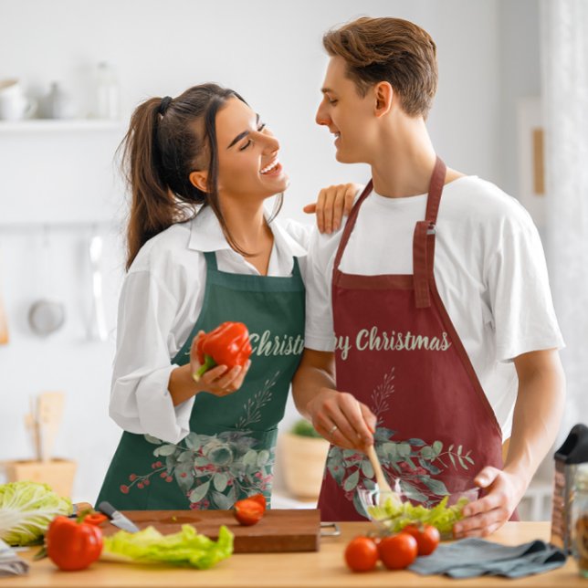 Watercolor Berries Greenery Merry Christmas Apron (Creator Uploaded)