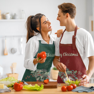 Watercolor Berries Greenery Merry Christmas Apron