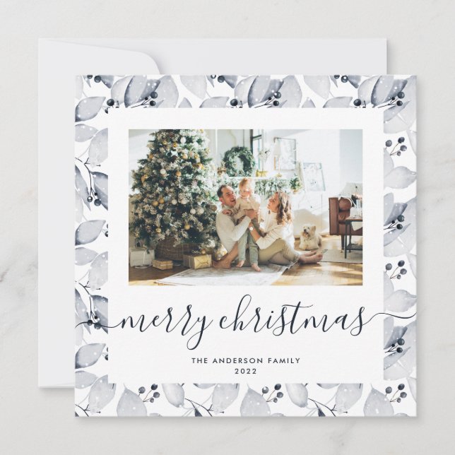 Watercolor Berries Greenery Photo Christmas Cards (Front)