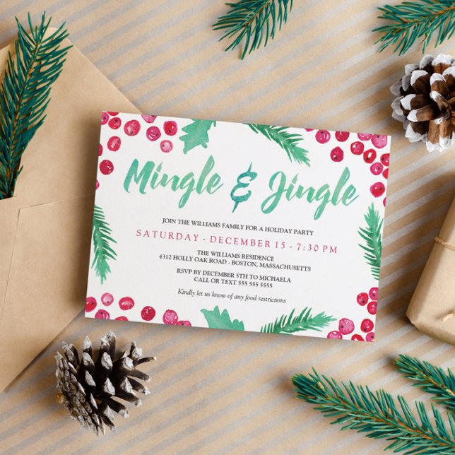 Watercolor Berries Mingle & Jingle Holiday Party Invitation (Creator Uploaded)