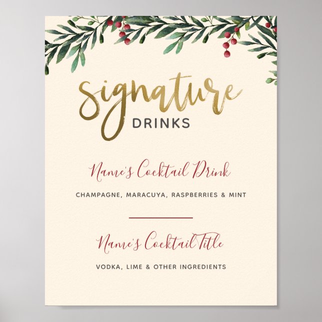 Watercolor Berries Signature Drinks Wedding Sign (Front)