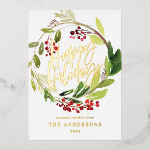 Watercolor Berries Wreath happy Holidays Foil Holiday Card