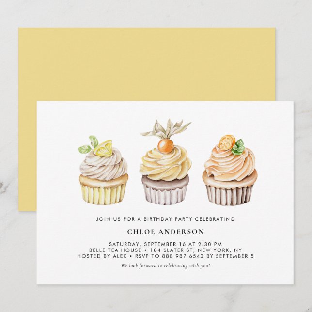 Watercolor Berry and Citrus Cupcakes Birthday Invitation (Front/Back)