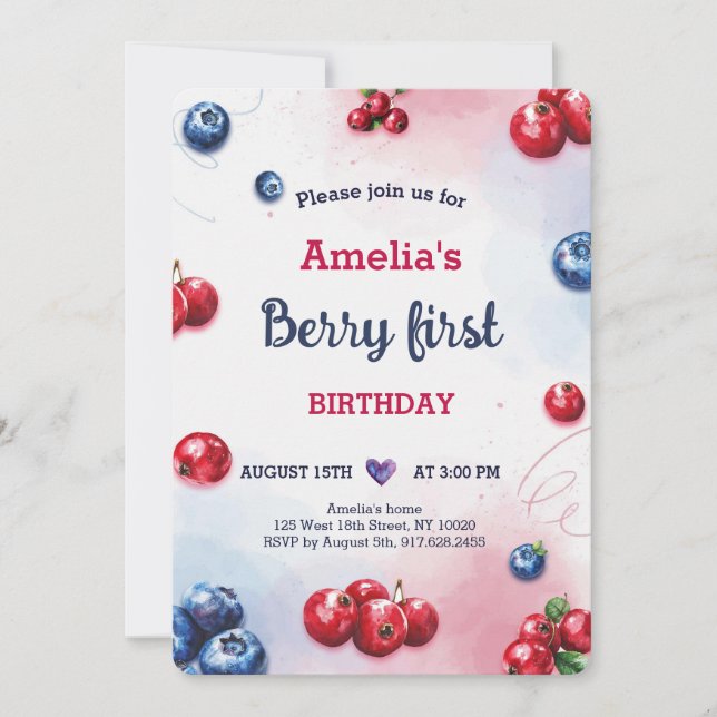 Watercolor Berry Blueberry Raspberry Birthday Invitation (Front)