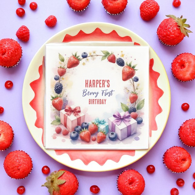 Watercolor Berry First Birthday Strawberry Party - Napkin (Creator Uploaded)