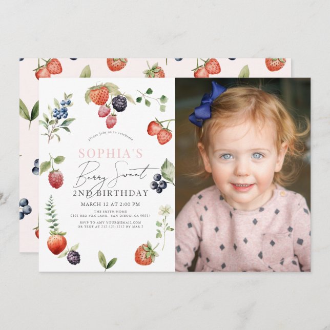 Watercolor Berry First Girl Birthday Photo Invitation (Front/Back)