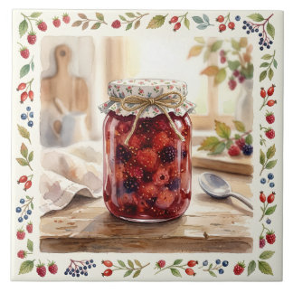 Watercolor Berry Jam Jar Cottagecore Kitchen Ceramic Tile