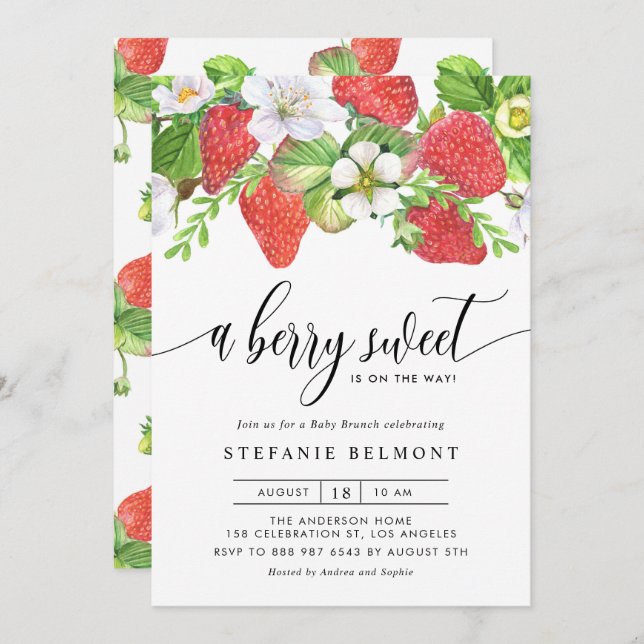 Watercolor Berry Sweet Strawberries Baby Brunch Invitation (Front/Back)