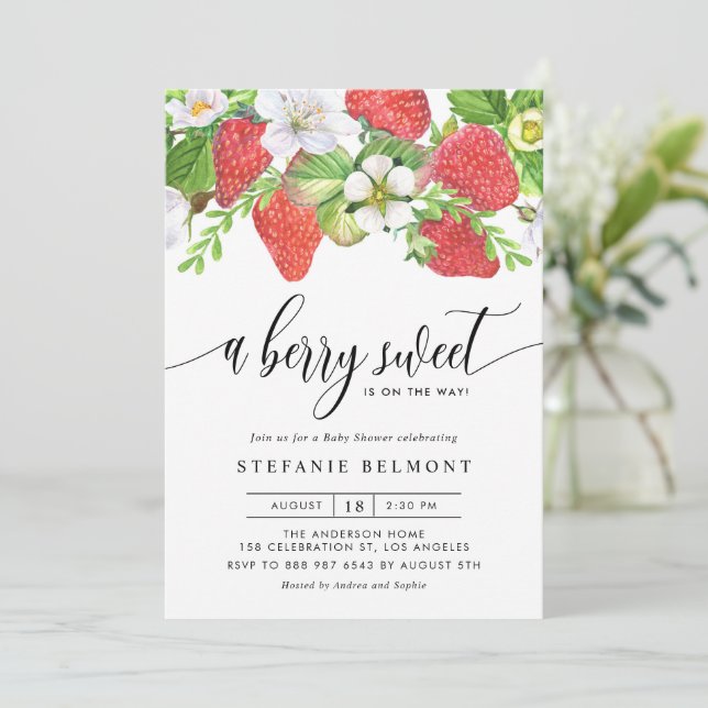 Watercolor Berry Sweet Strawberries Baby Shower Invitation (Standing Front)