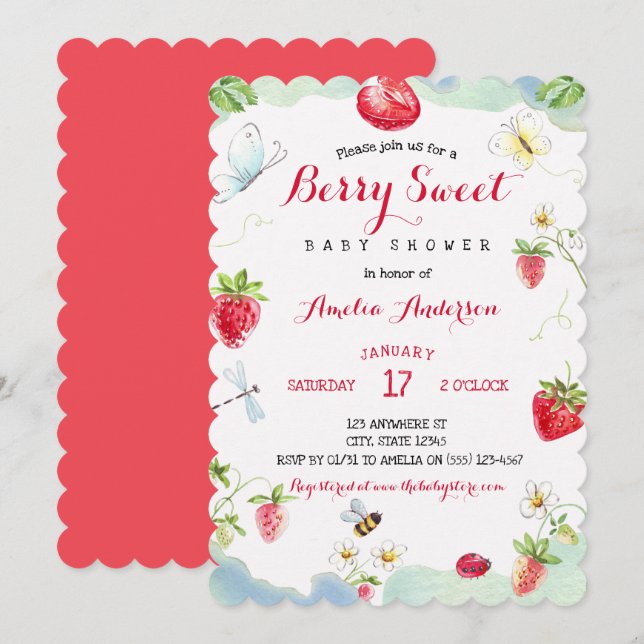 Watercolor Berry Sweet Strawberries Baby Shower Invitation (Front/Back)