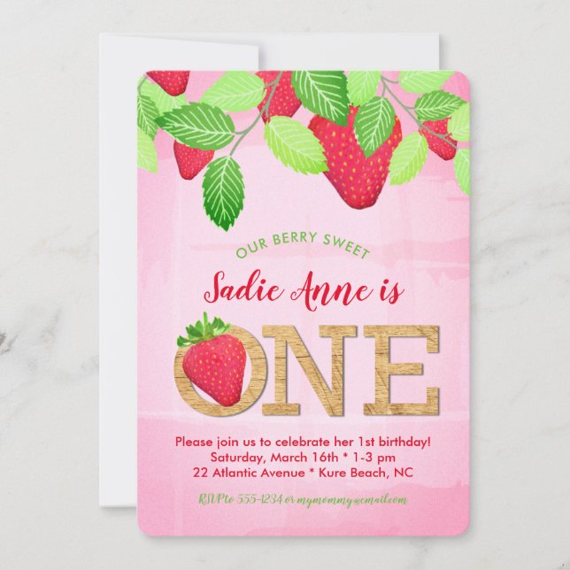 Watercolor Berry Sweet Strawberry 1st Birthday Invitation (Front)