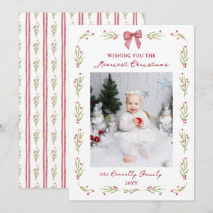 Watercolor Berry Twigs Bow Merriest Christmas Holiday Card