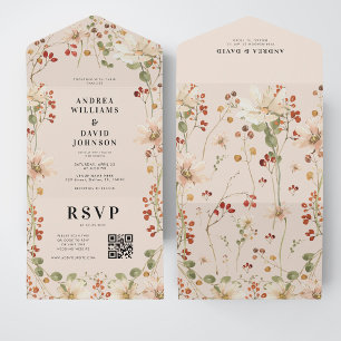 Watercolor Berry Wildflower Spring QR Code Wedding All In One Invitation