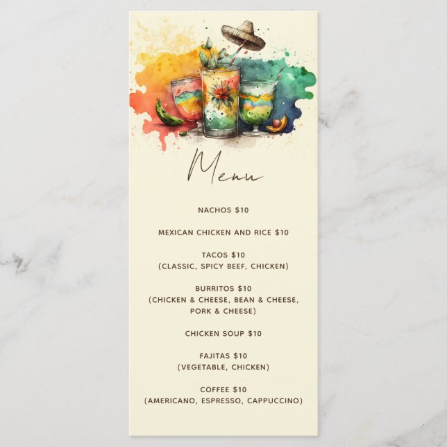 Watercolor beverage fiesta party Mexican food cafe Menu (Front)