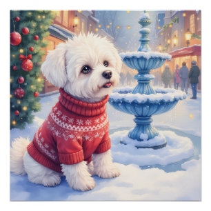 Watercolor Bichon Frise Festive Fountain Christmas Poster