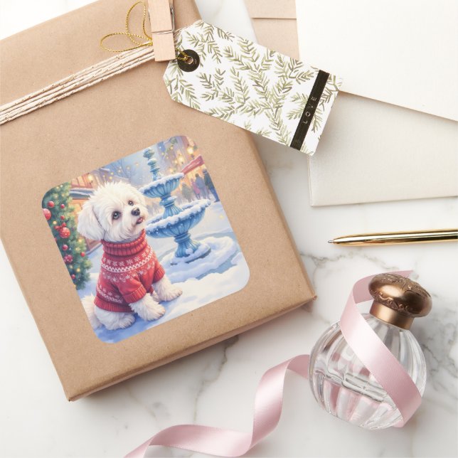 Watercolor Bichon Frise Festive Fountain Christmas Square Sticker (Gifting)