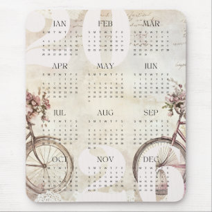 Watercolor Bicycle Floral Color Year Calendar 2026 Mouse Pad