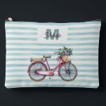 Watercolor Bicycle Pretty Striped Personalised Accessory Pouch<br><div class="desc">Cute and feminine personalised travel pouch with pastel blue watercolor stripes and bicycle with flower basket.</div>