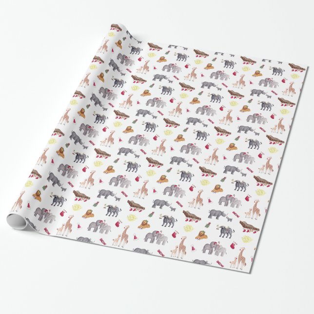 Watercolor Big 5 South African Animals Christmas Wrapping Paper (Unrolled)