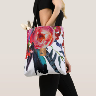 Watercolor big peonies metallic copper monogram tote bag