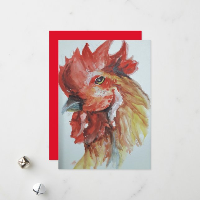 Watercolor big rooster head  holiday card (Front/Back In Situ)