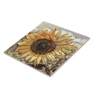 Watercolor Big Sunflower Elegant Collection Ceramic Tile